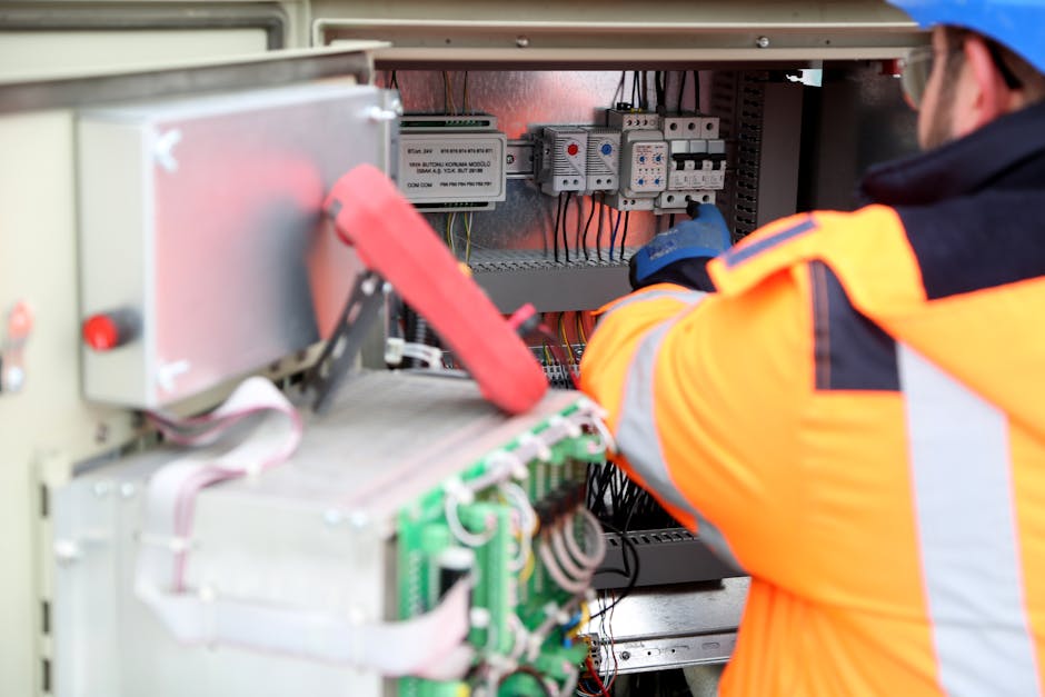 Electrician in a hard hat and high-visibility jacket checking the wiring of an open control cabinet